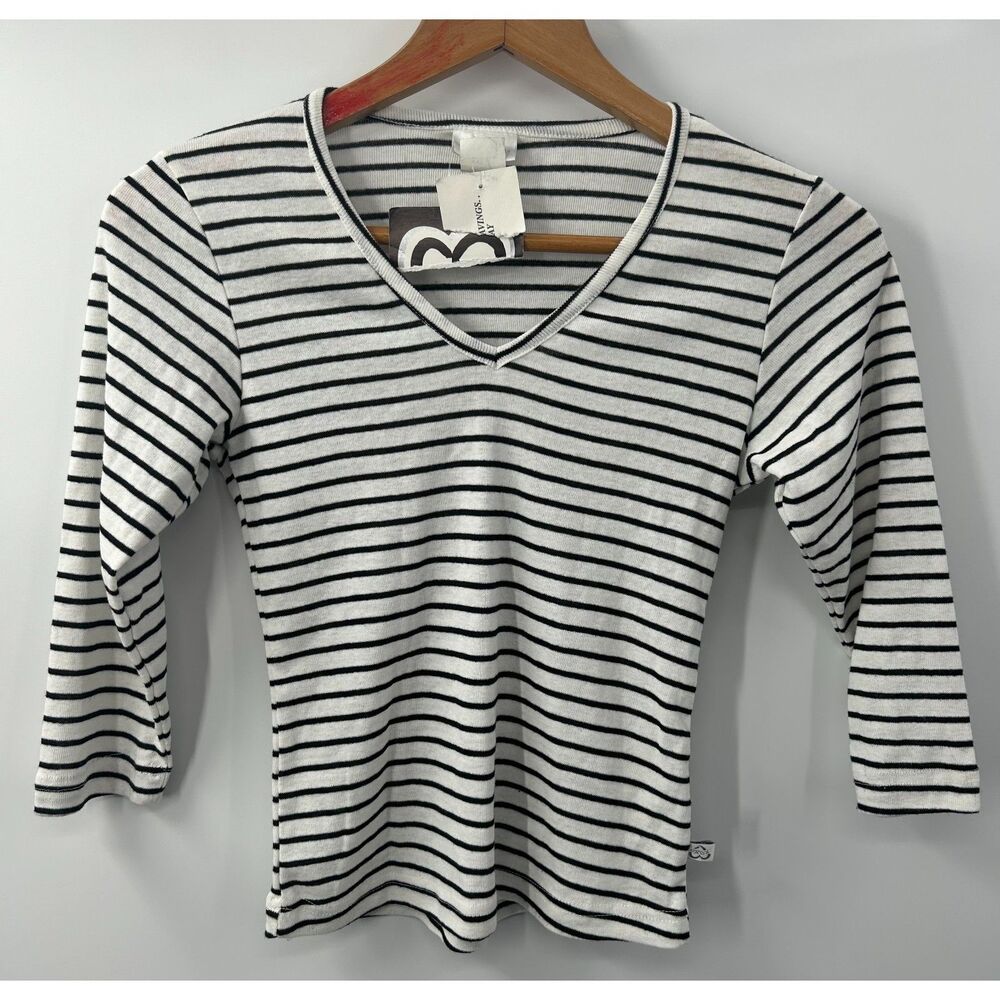 NWT Y2K Grunge XOXO Women Black White Striped Vintage V-Neck Baby Tee S Made USA